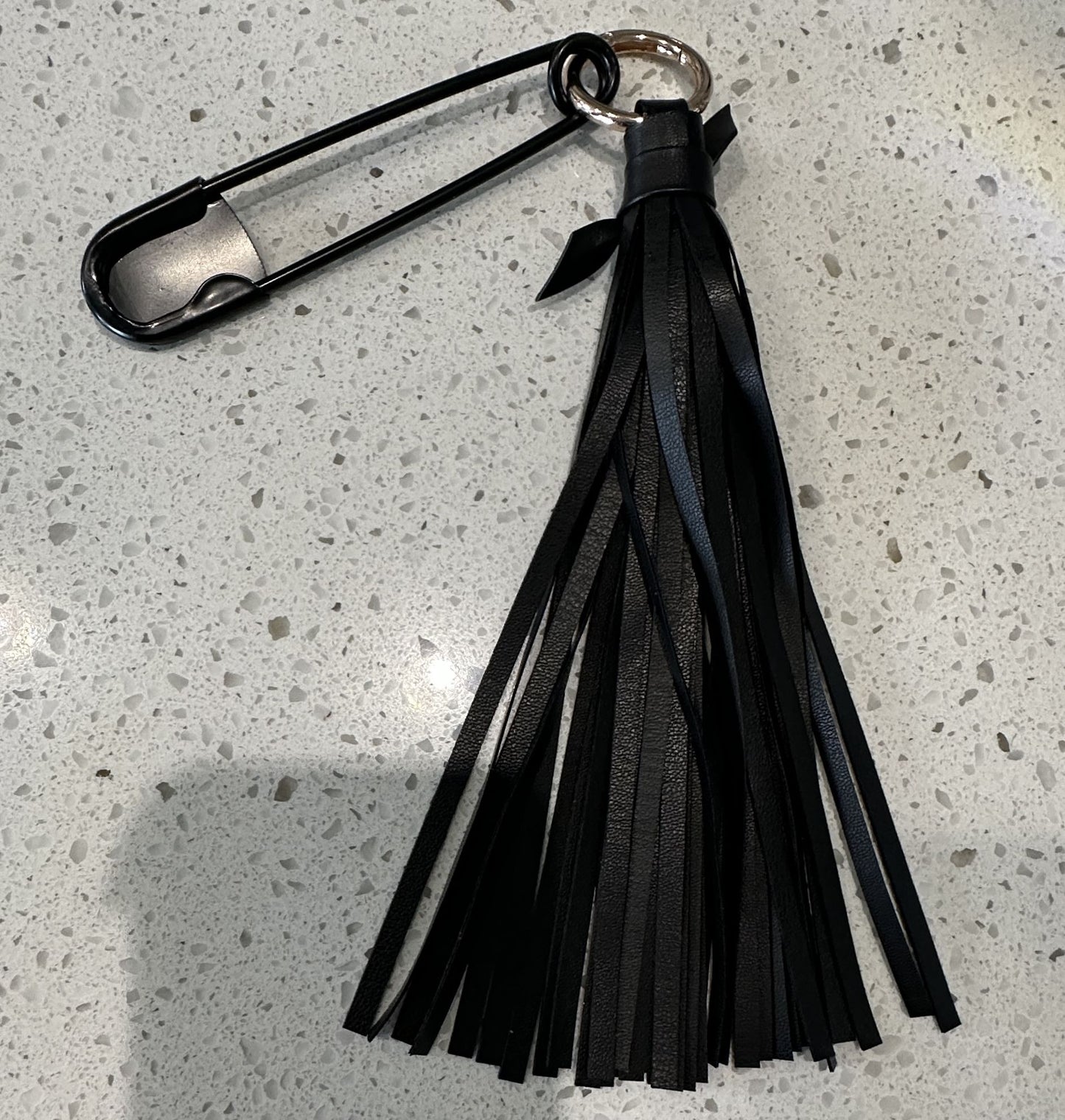 Handmade Vegan Leather Tassel Bag Charm | Black | Gold Tone Hardware | XL Black Safety Pin