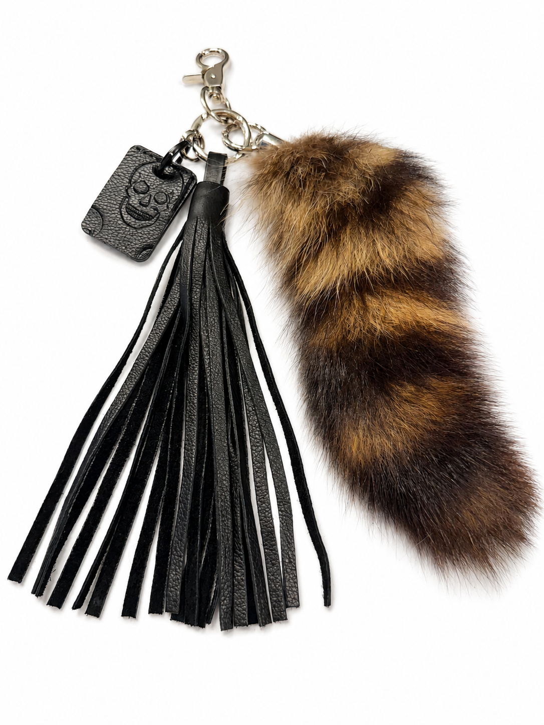 Repurposed Piece of a Betsey Johnson Bag and Coach Tic Tac Toe Board Charm with Handmade Leather Tassel and Faux Raccoon Tail Bag Cluster
