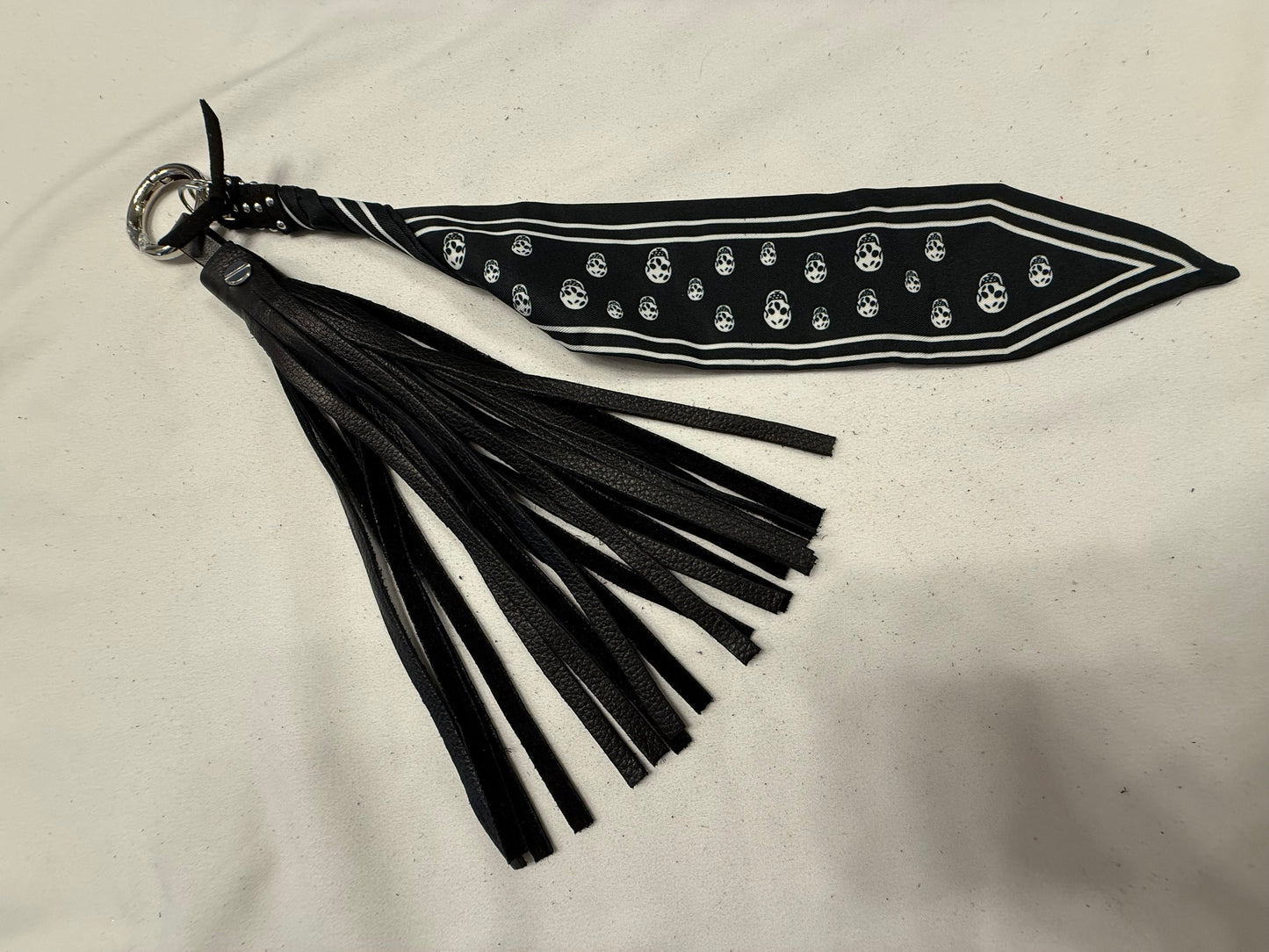 Handmade Black Leather Tassel and Mini Skull Scarf Charm - Bag Charm