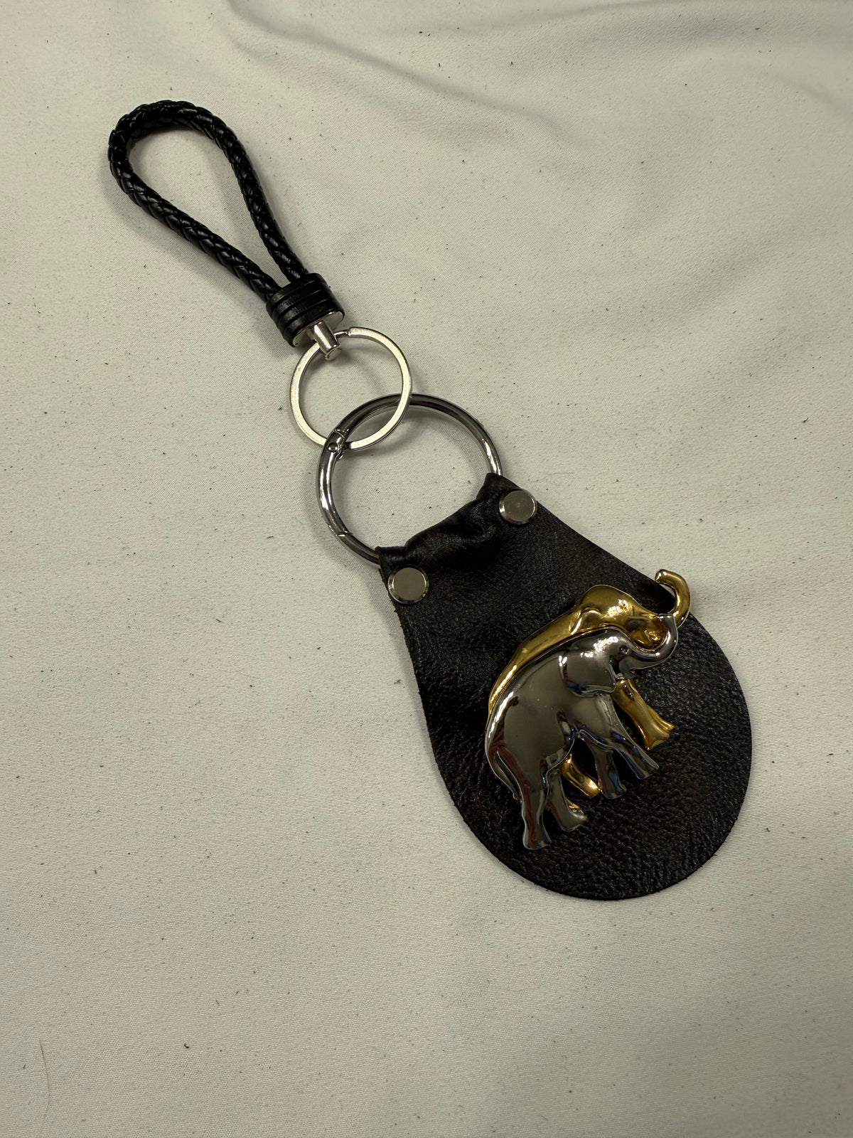 Repurposed Elephant Brooch Pin on Handcut Painted Leather with Studs Key Chain