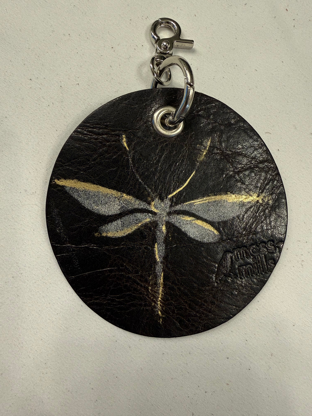 Repurposed Piece of a Moss Mills Handbag with Logo Embossed Painted Dragonfly and Dragonfly Charm Bag Charm