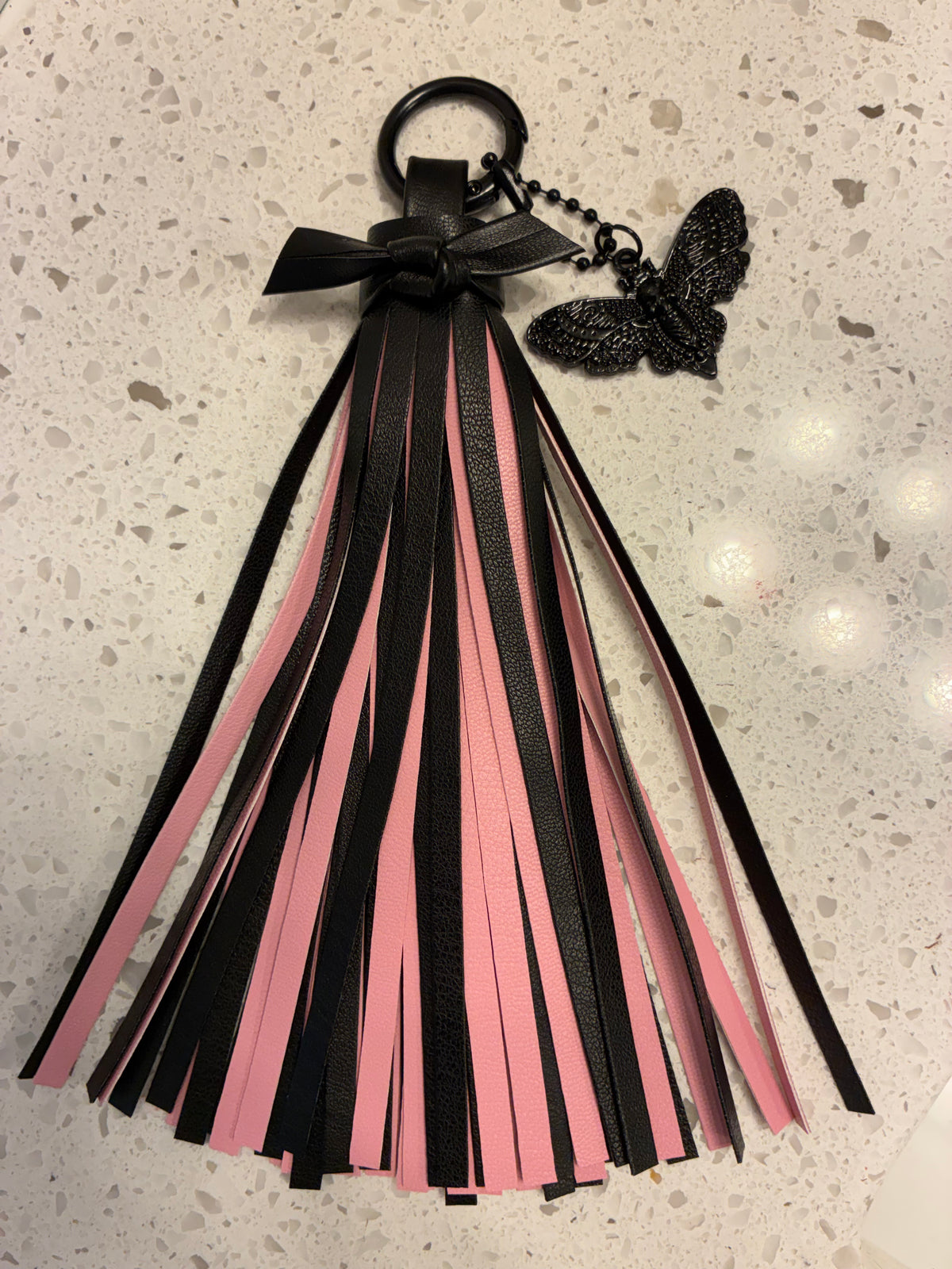 Vegan Leather Tassel Pink & Black with Skull Moth Charm