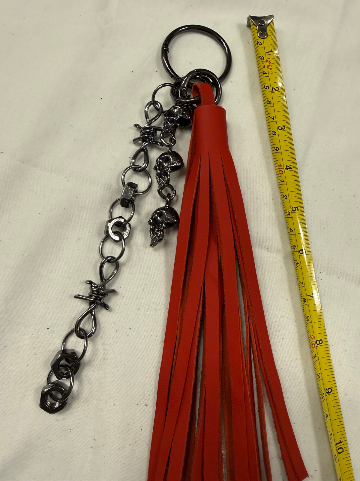 Handcut Red Leather Tassel with Skull Chain Charms and Barbed Wire-Style Chain Bag Charm