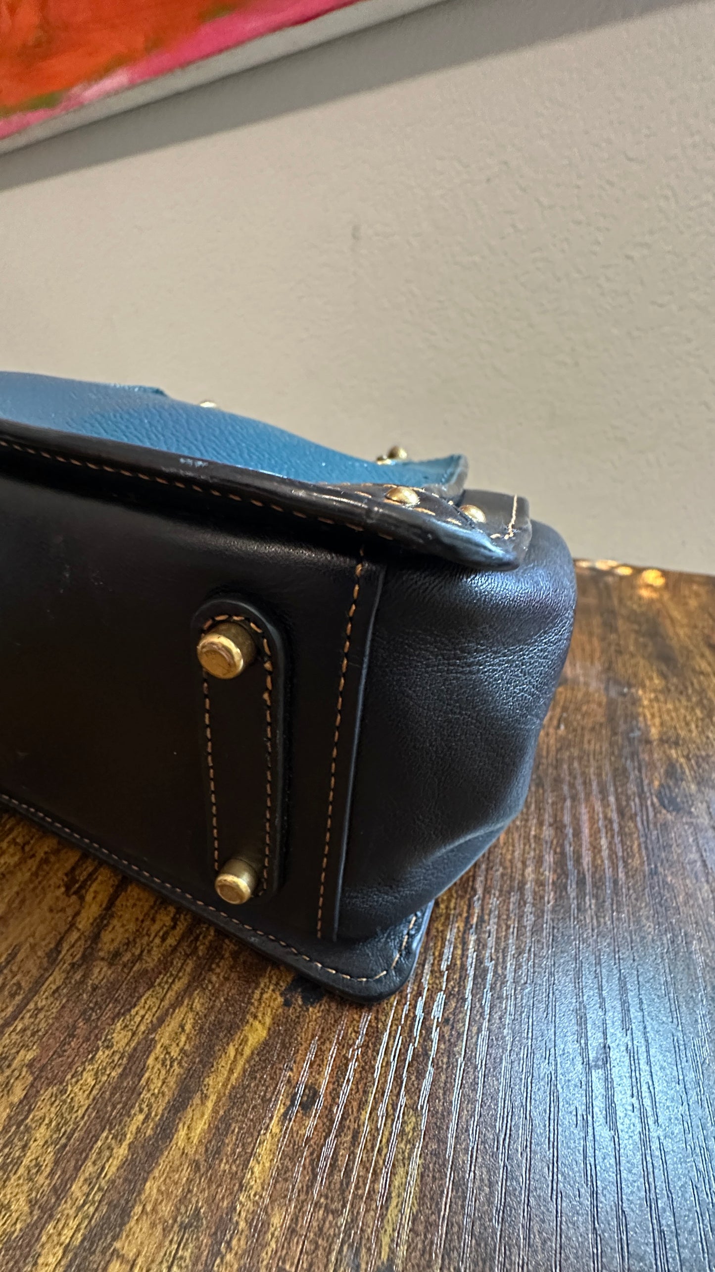 Upcrafted Coach Kisslock Dreamer Bag – Hand Painted Teal Blue Colorblock with Repurposed Coach Details