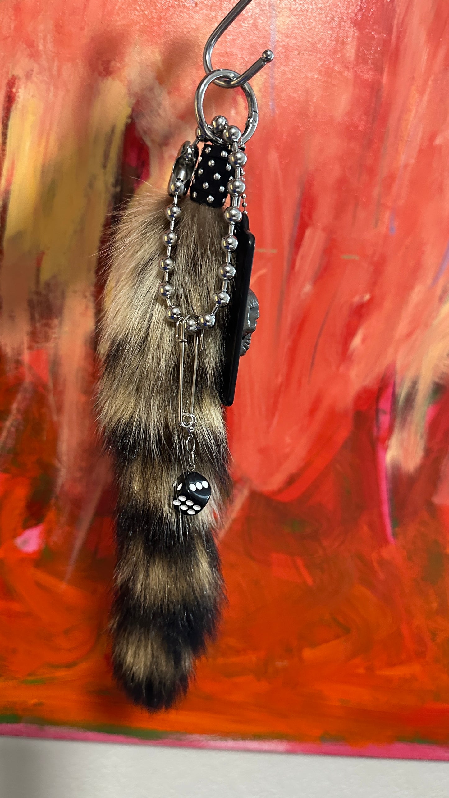 Faux Fur Raccoon Tail & Upcrafted Coach Hangtag Bag Charm Cluster