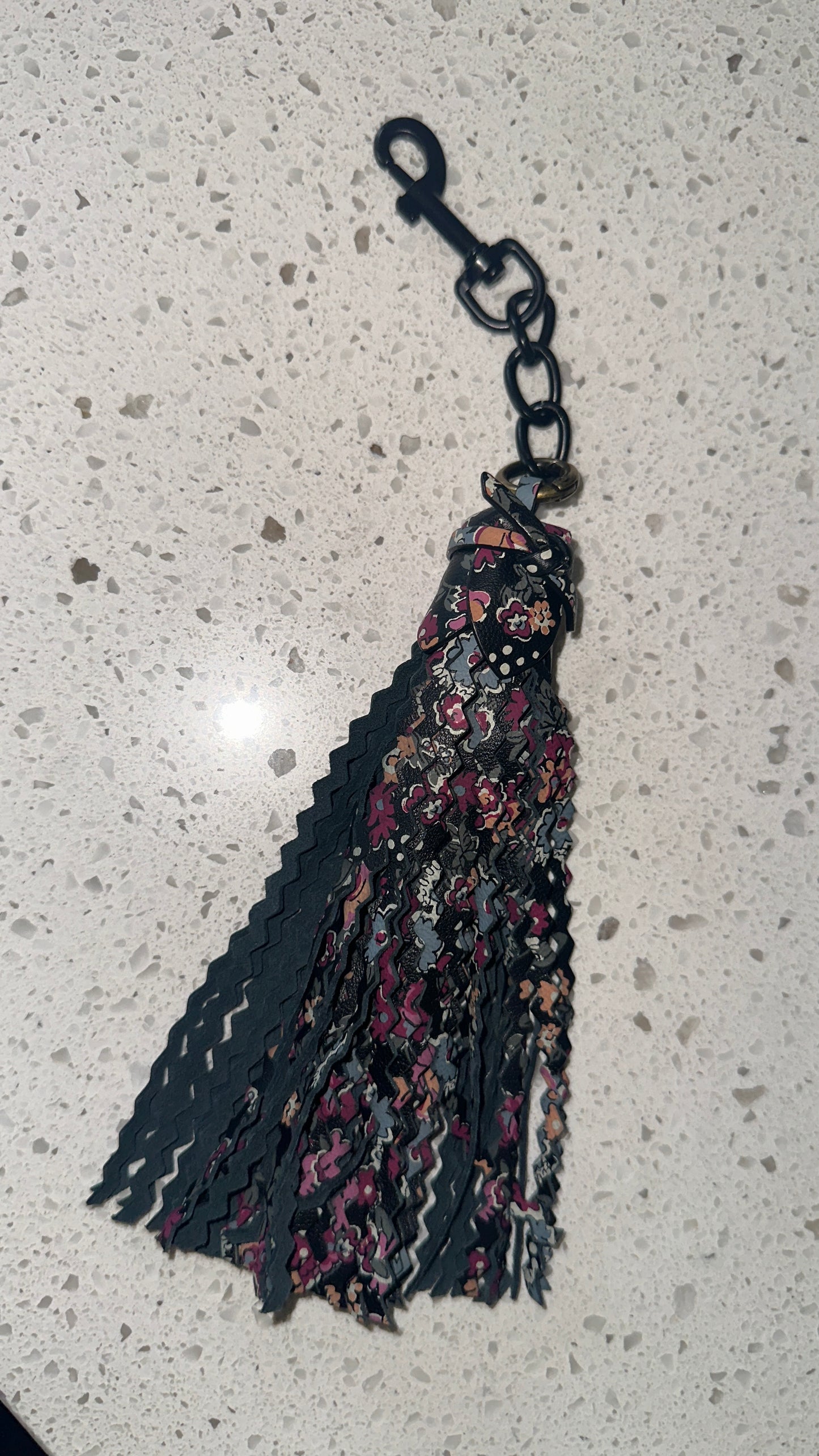 Modified Coach Floral Black Leather Zigzag-Capped Tassel Bag Charm