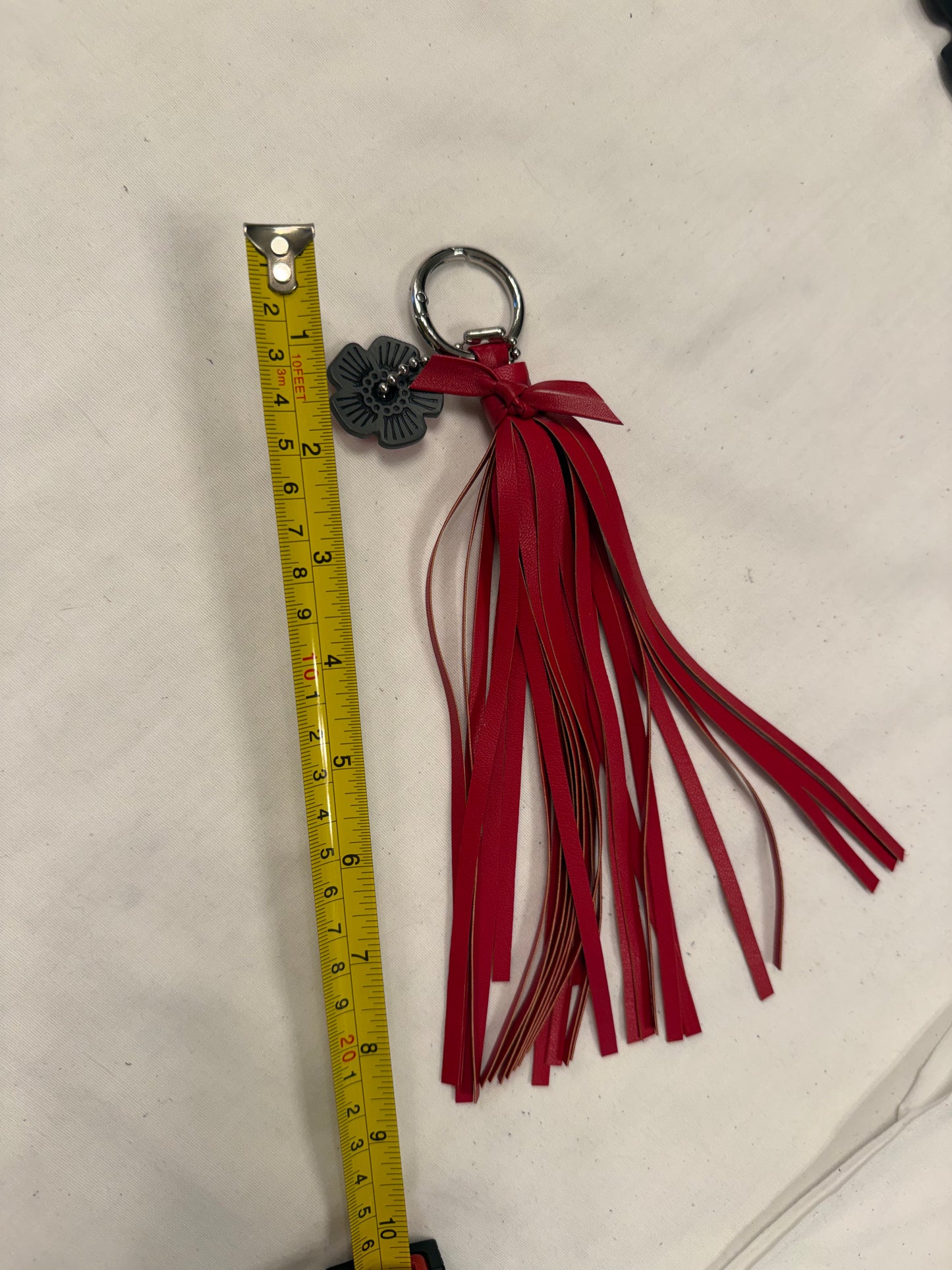 Handmade Red Vegan Leather Tassel Bag Charm – Gray Coach Tea Rose Accent – Silver Tone Hardware – One of a Kind