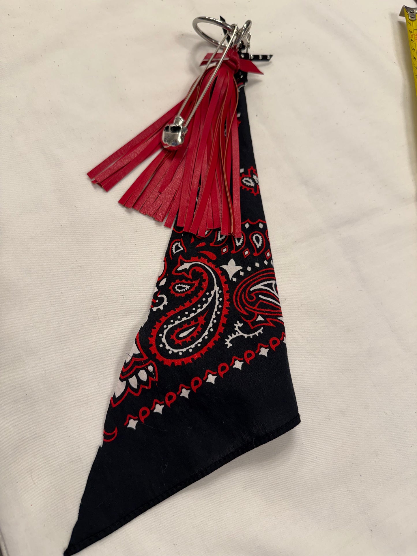 Red Tassel, Bandana, Skull Safety Pin Bag Charm Cluster