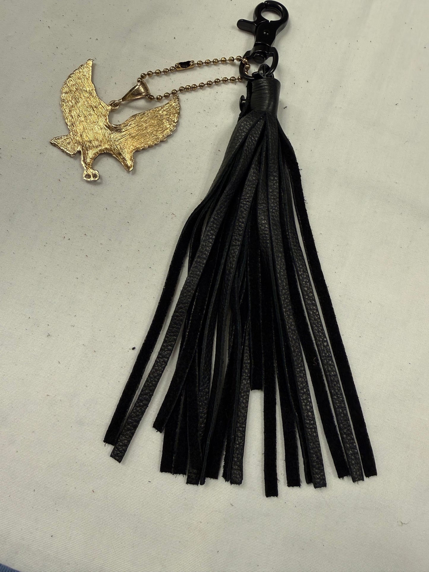 Handmade Black Pebbled Leather Tassel with Gold Tone Eagle Pendant