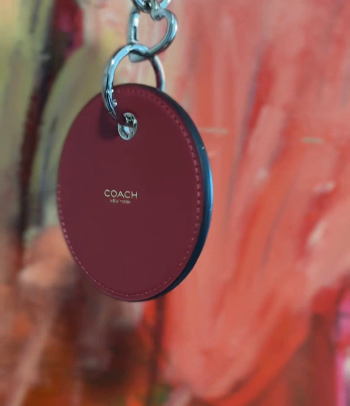 Repurposed Coach Leather Coaster Bag Charm - Red with Moon Embroidered Applique