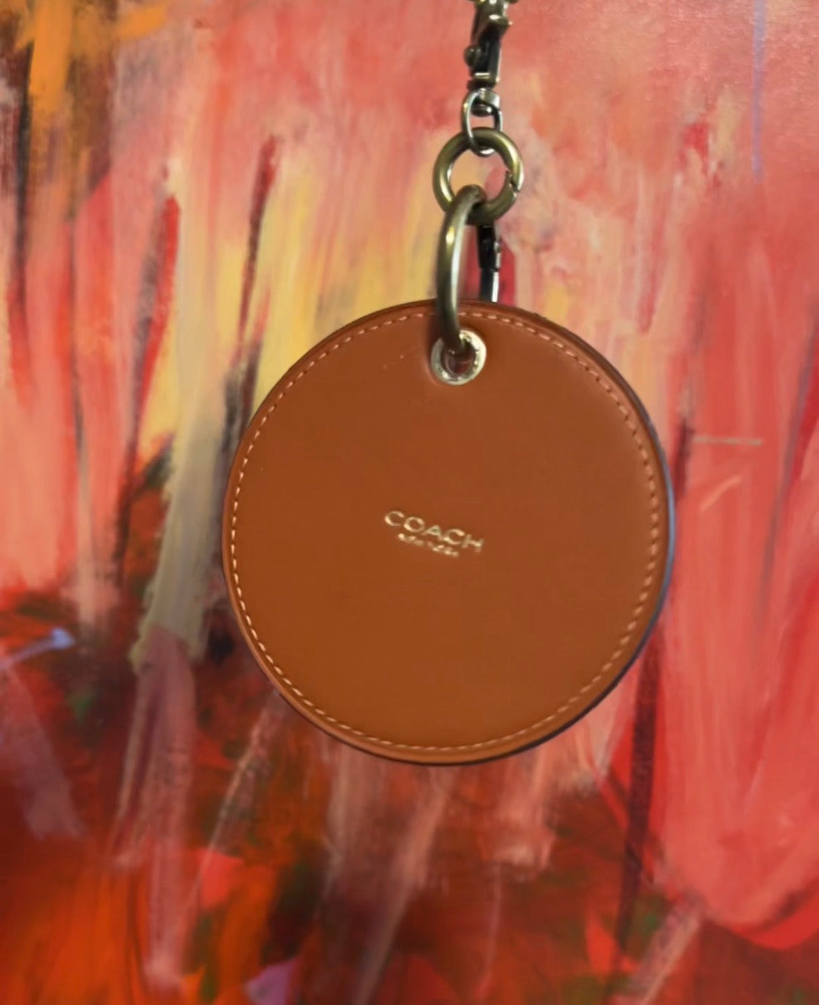 Repurposed Coach Leather Coaster Bag Charm -Orange with Heart Embroidered Applique