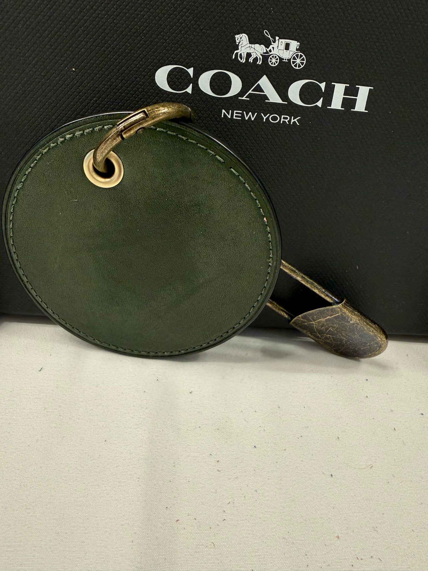 Repurposed Coach Olive Coaster Distressed with Feather & XL Safety Pin Bag Charm
