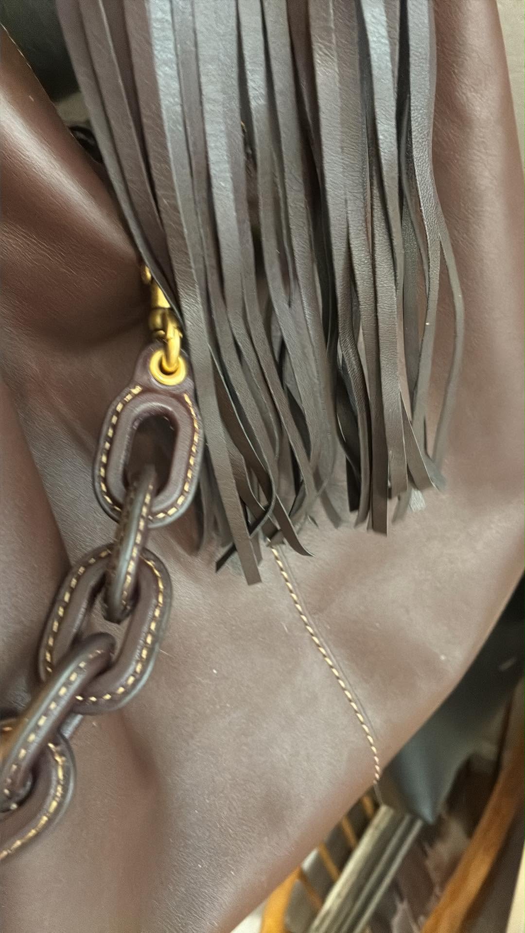 Vegan Leather Handmade Tassel in Dark Maple with Silver Tone Hardware Feather and Skull Moth Bag Charm