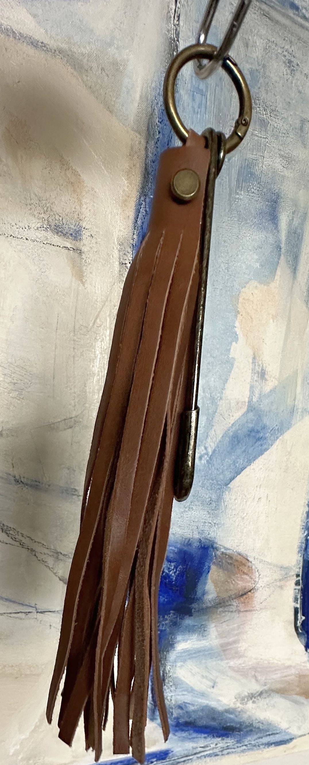 Handmade Smooth Leather Tassel Bag Charm | Tan | Antique Brass Hardware