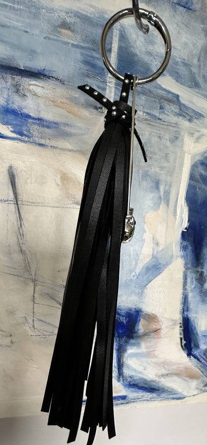 Handmade Vegan Leather Tassel Bag Charm | Black | Skull Safety Pin | Silver Tone Hardware