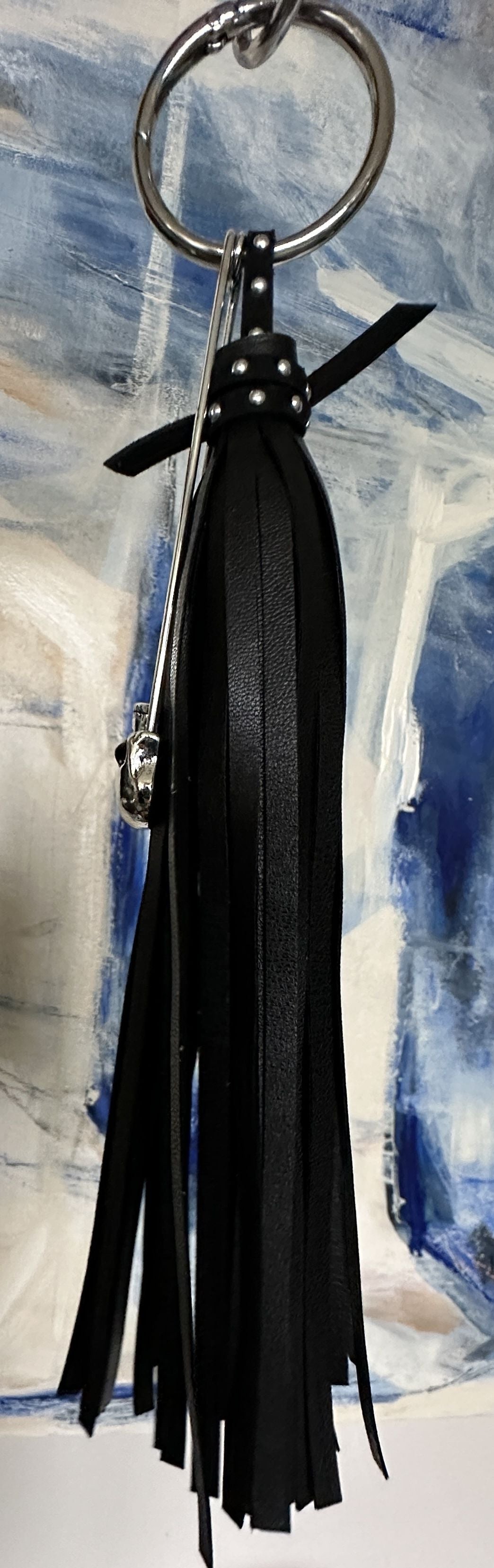 Handmade Vegan Leather Tassel Bag Charm | Black | Skull Safety Pin | Silver Tone Hardware