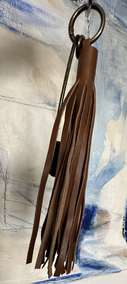 Handmade Smooth Leather Tassel Bag Charm | Tan | Antique Brass Hardware