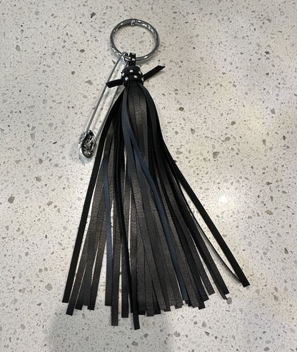 Handmade Vegan Leather Tassel Bag Charm | Black | Skull Safety Pin | Silver Tone Hardware