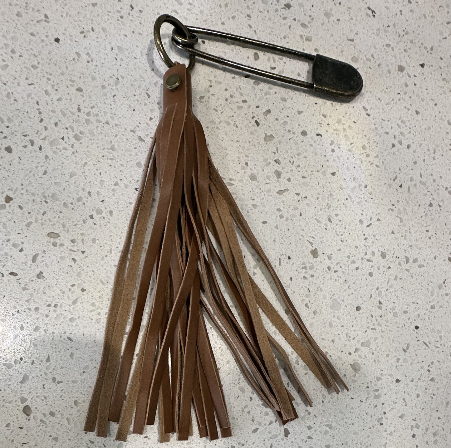 Handmade Smooth Leather Tassel Bag Charm | Tan | Antique Brass Hardware
