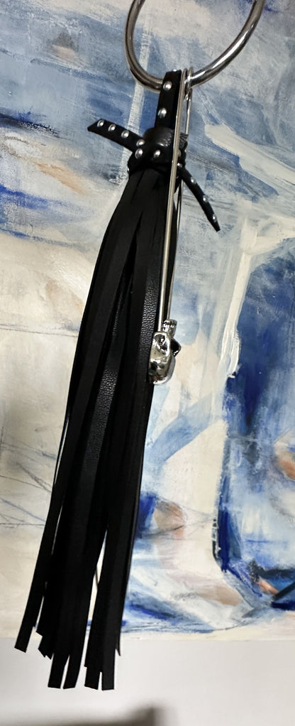 Handmade Vegan Leather Tassel Bag Charm | Black | Skull Safety Pin | Silver Tone Hardware