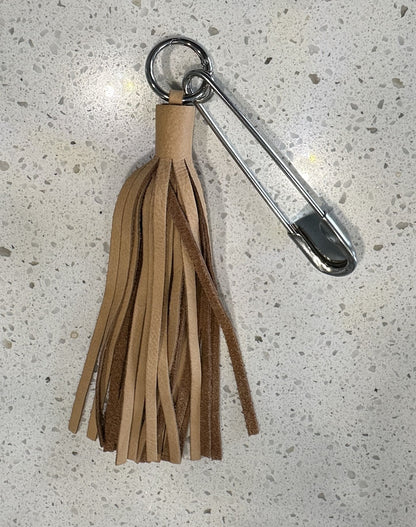 Handmade Soft Leather Tassel Bag Charm | Tan/Nude | Silver Tone Hardware