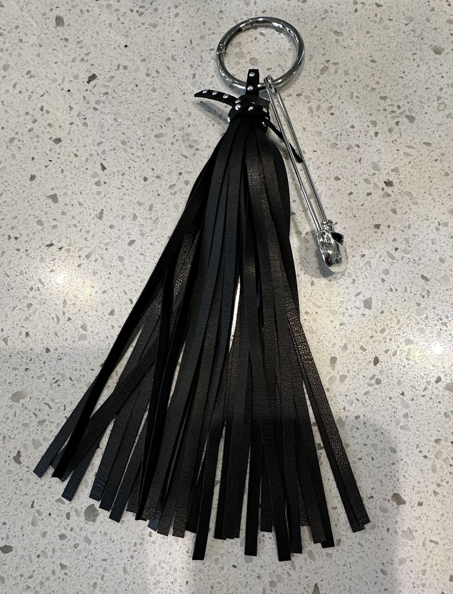 Handmade Vegan Leather Tassel Bag Charm | Black | Skull Safety Pin | Silver Tone Hardware