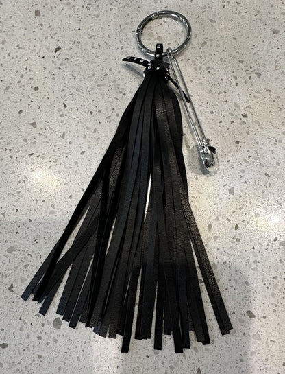 Handmade Vegan Leather Tassel Bag Charm | Black | Skull Safety Pin | Silver Tone Hardware