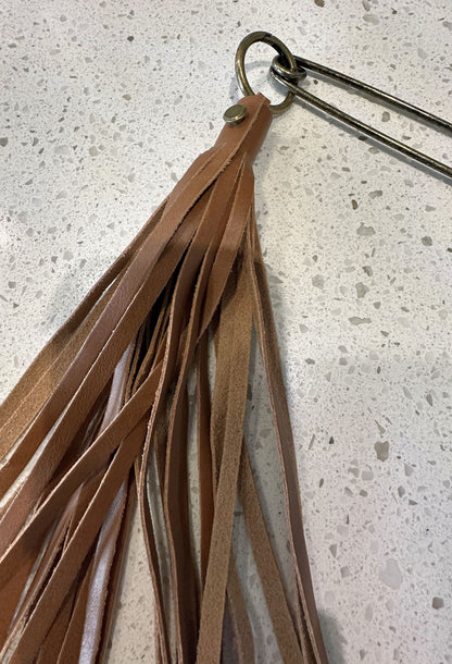 Handmade Smooth Leather Tassel Bag Charm | Tan | Antique Brass Hardware