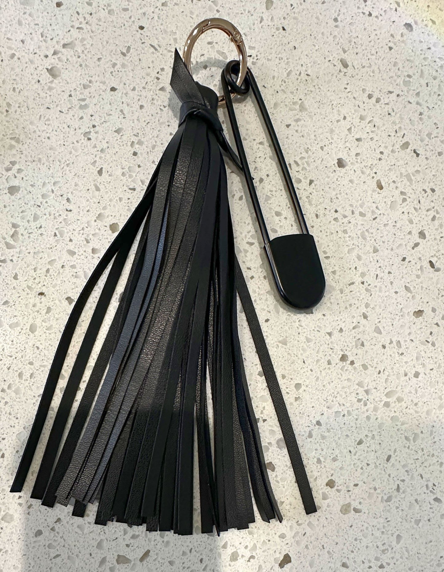 Handmade Vegan Leather Tassel Bag Charm | Black | Gold Tone Hardware | XL Black Safety Pin
