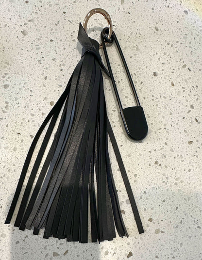 Handmade Vegan Leather Tassel Bag Charm | Black | Gold Tone Hardware | XL Black Safety Pin