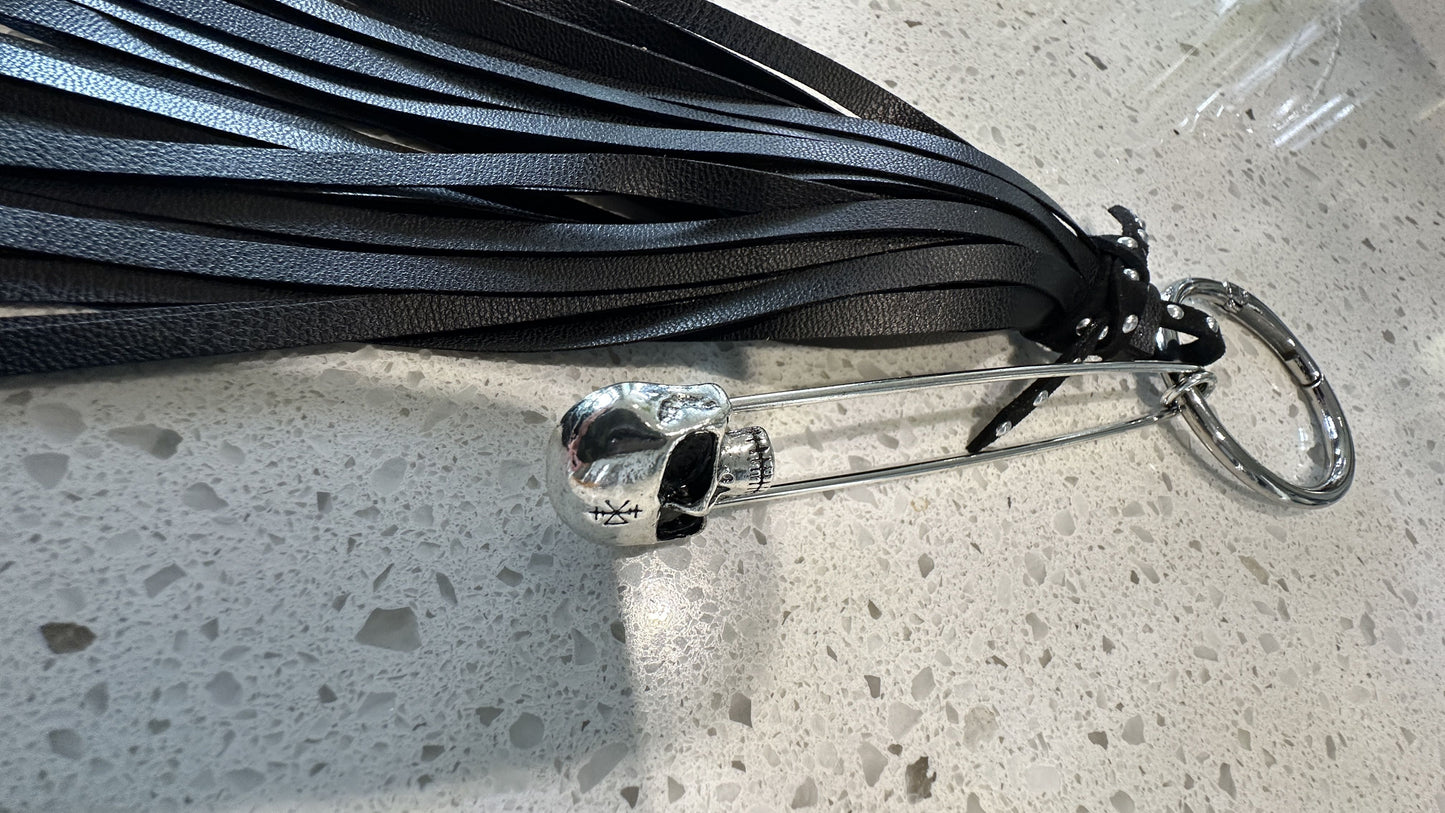 Handmade Vegan Leather Tassel Bag Charm | Black | Skull Safety Pin | Silver Tone Hardware