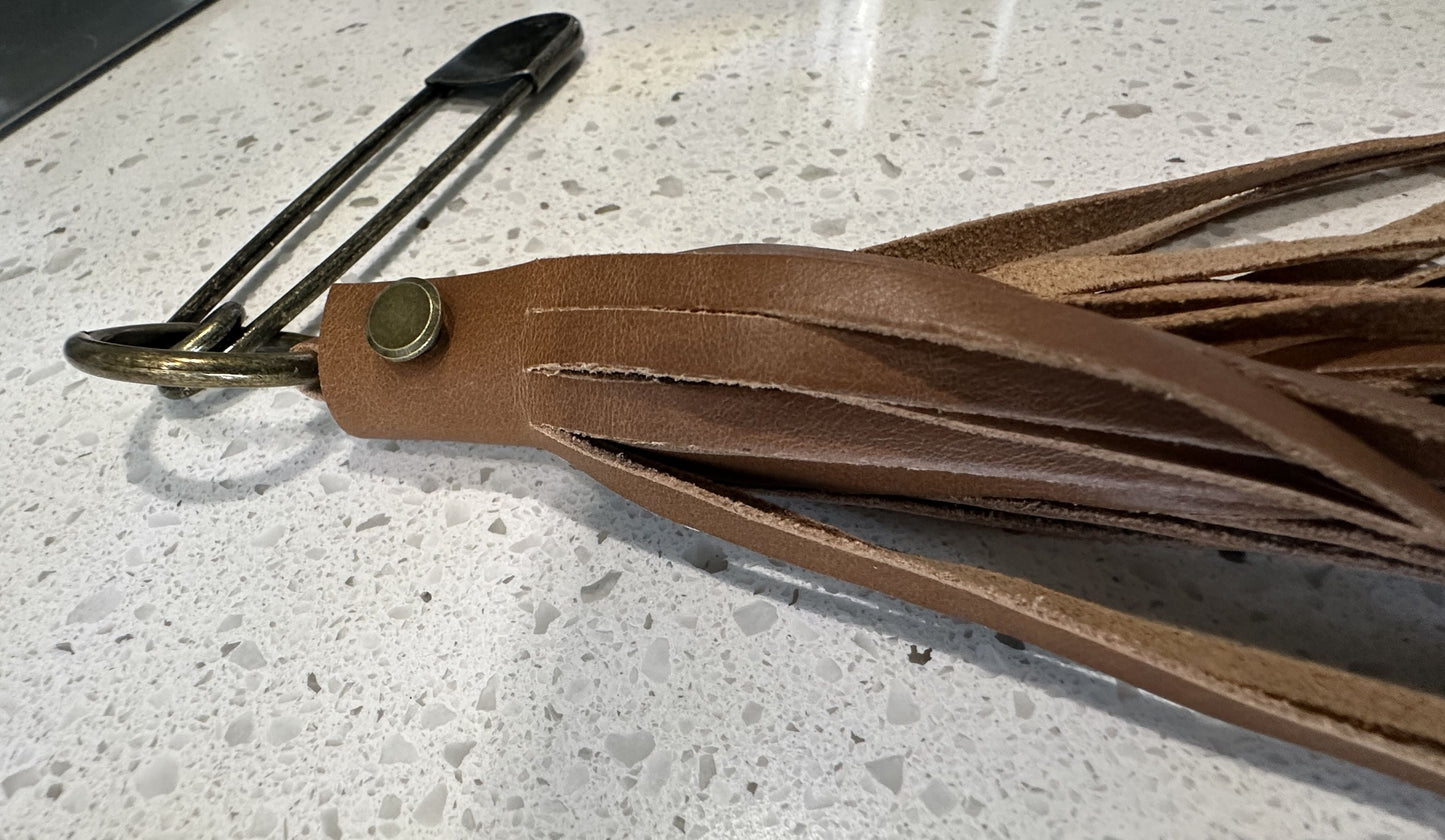 Handmade Smooth Leather Tassel Bag Charm | Tan | Antique Brass Hardware