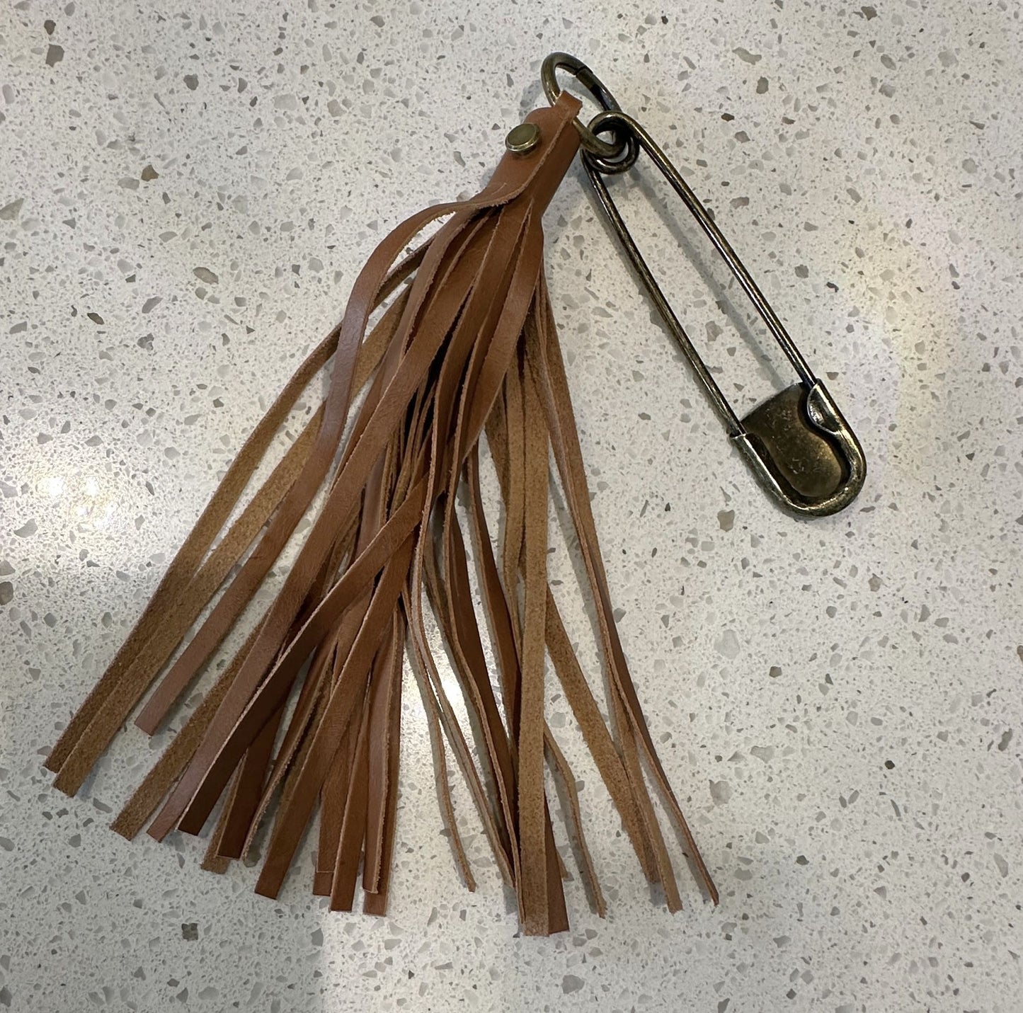 Handmade Smooth Leather Tassel Bag Charm | Tan | Antique Brass Hardware