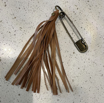 Handmade Smooth Leather Tassel Bag Charm | Tan | Antique Brass Hardware