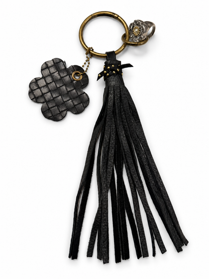 Repurposed Bottega Venetta Wallet Piece, Coach Tea Rose Ring, and Handmade Pebbled Leather Tassel