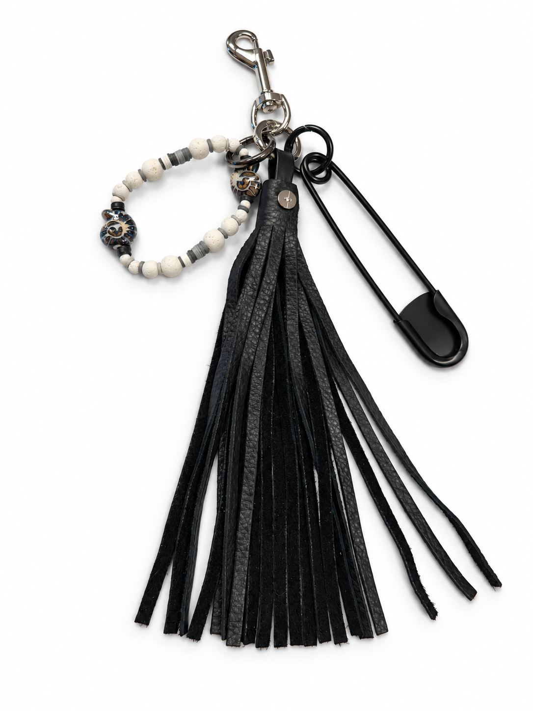 Bag Charm Cluster with Pebbled Leather Tassel, XL Safety Pin, and Beaded Bracelet