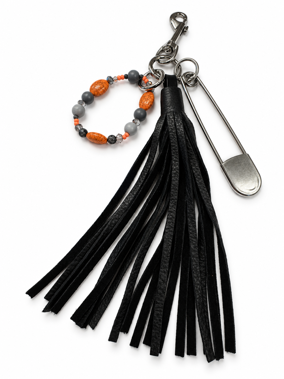 Bag Charm Cluster with Handmade Pebbled Leather Tassel, XL Safety Pin, and Beaded Bracelet