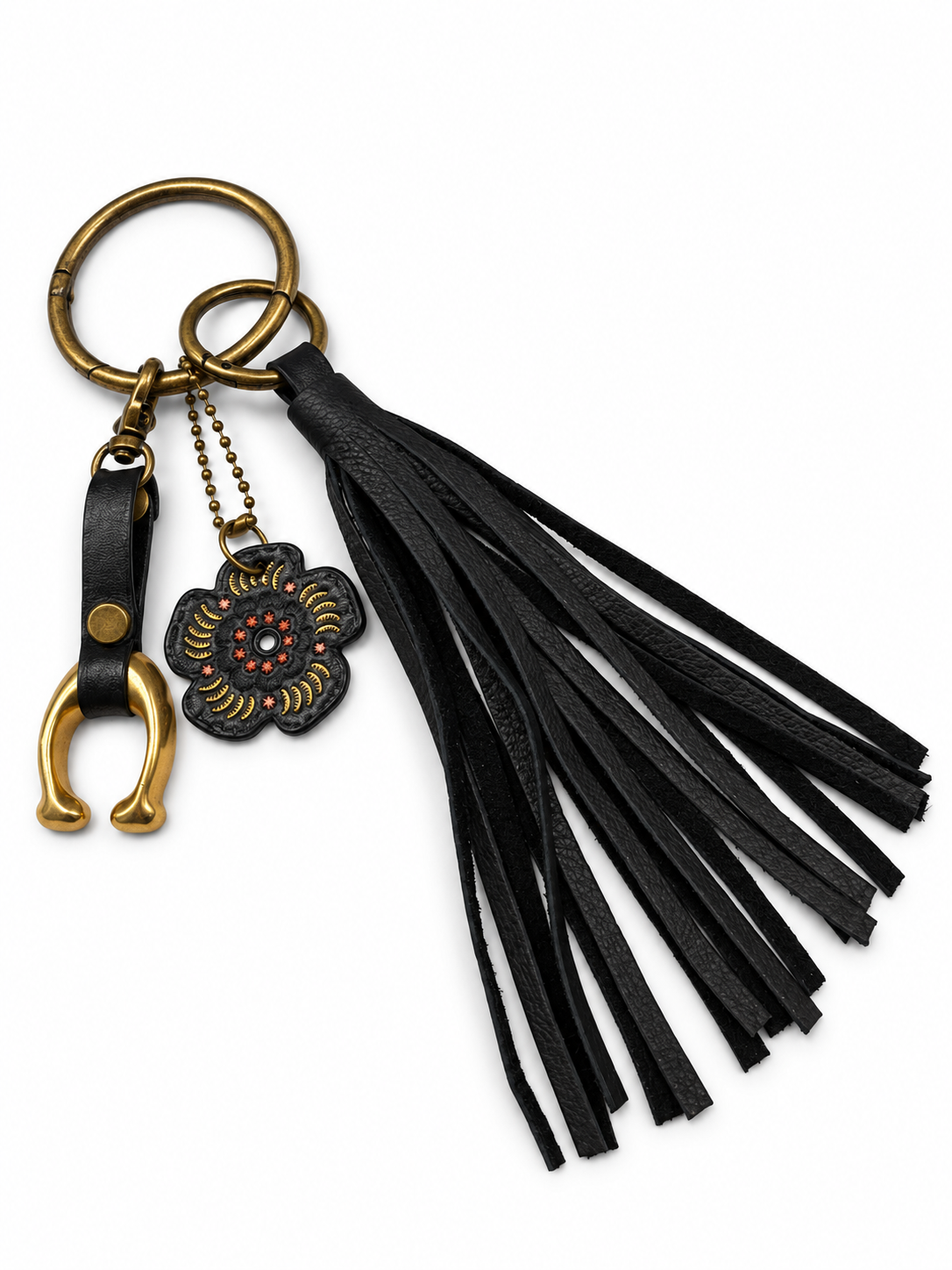 Ships 10.13.26 Bag Charm Cluster with a Repurposed Coach C from Tic Tac Toe Board, Coach Tea Rose, and Handmade Leather Tassel Bag Charm Cluster