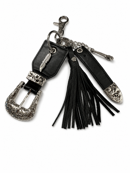 Repurposed Western Belt with Feather Charm and Skull Charm with Handmade Leather Tassel