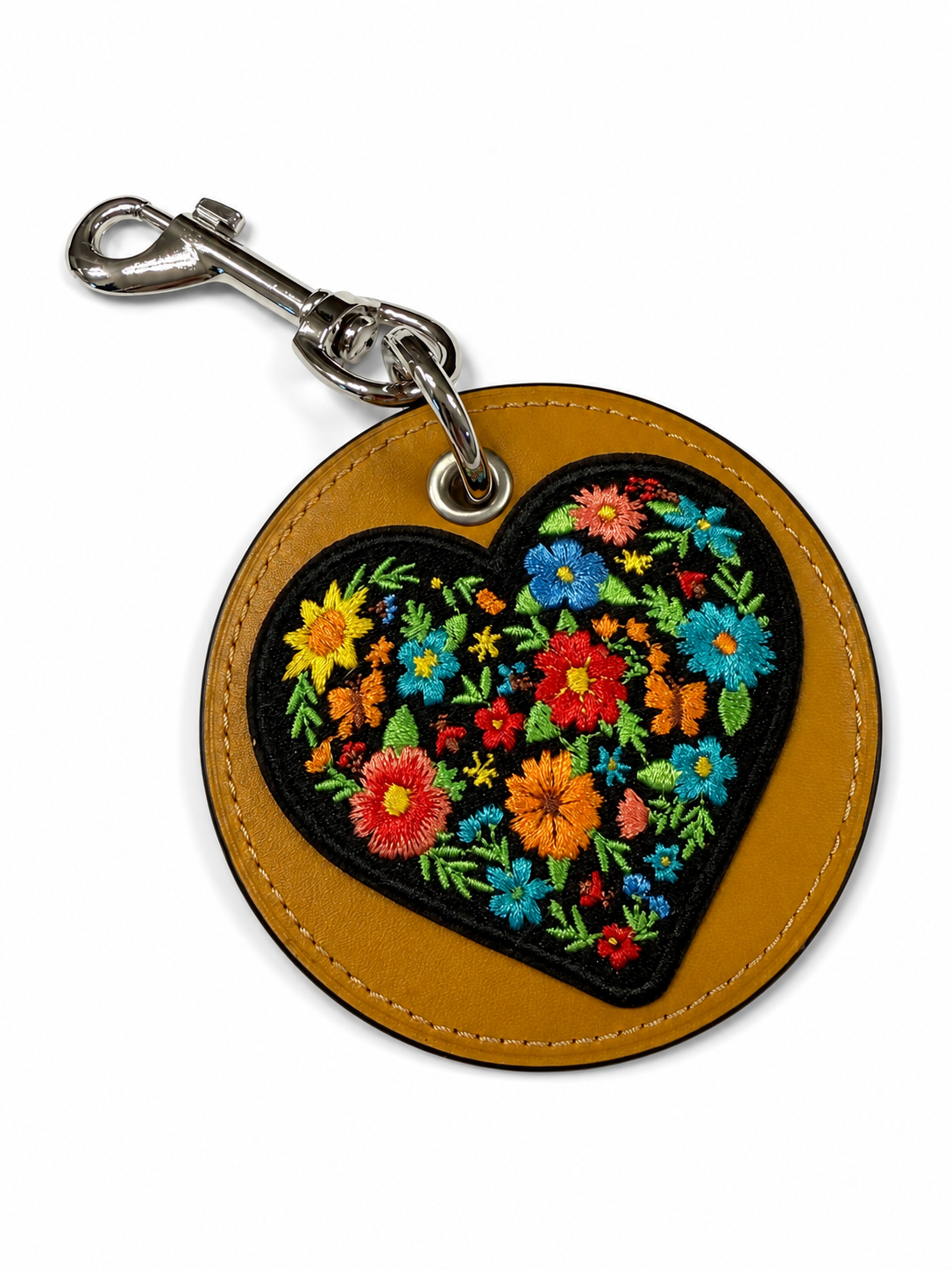 Repurposed Coach Coaster with Embroidered Heart Patch Bag Charm