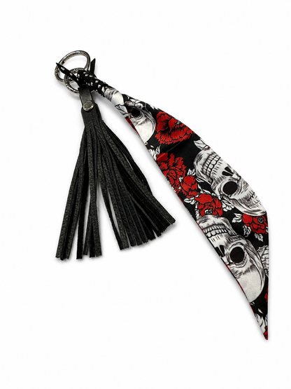 Skull Scarf Charm and Handmade 4" Leather Tassel in Red- Bag Charm