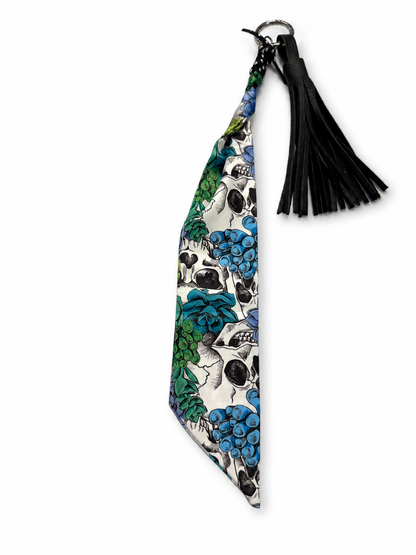 Skull Scarf charm and Handmade Black Leather 4" Tassel Bag Charm
