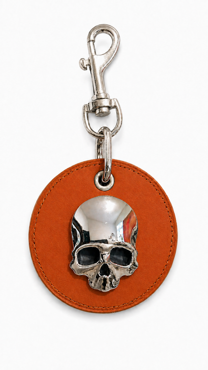 Repurposed Coach Coaster Bag Charm in Orange Leather with Chrome Skull
