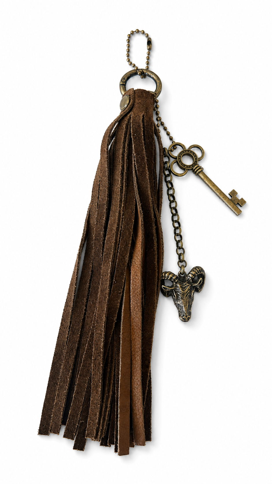 Bag Charm Cluster with Brown Sueded Tassel and Key and Ram Head Charm Antique Brass Hardware
