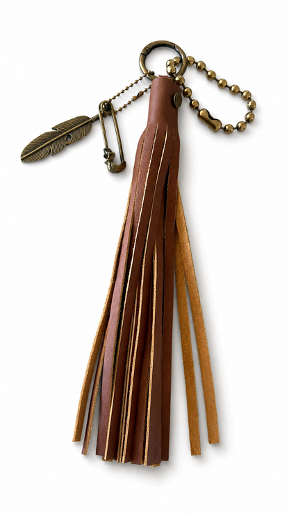 Bag Charm Cluster in Antique Brass with a Handmade Brown Leather Tassel, Coach Large Ball Chain, and Feather with Skull Safety Pin Charm