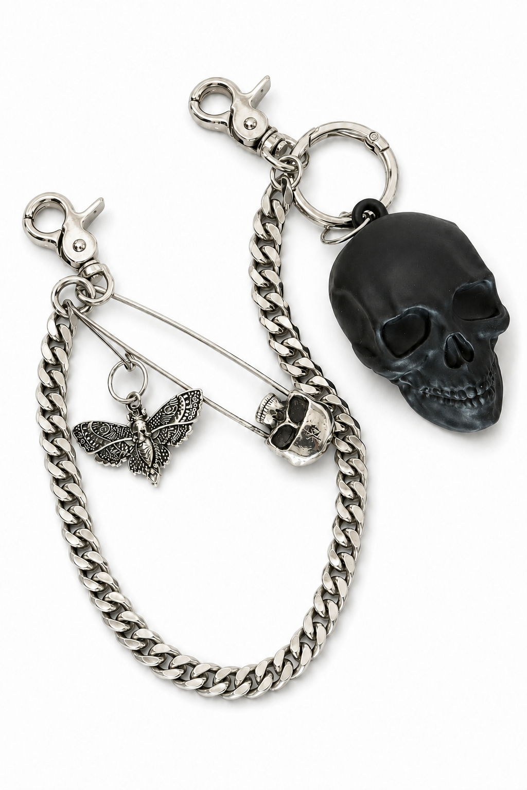 Silver Tone Bag Chain with Skull and Moth Charms - One-of-a-Kind Bag Charm