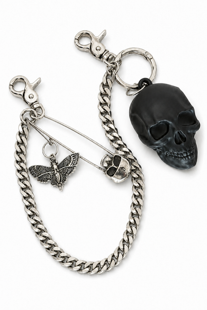 Silver Tone Bag Chain with Skull and Moth Charms - One-of-a-Kind Bag Charm