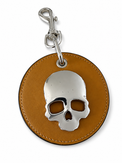 Repurposed Coach Coaster Bag Charm Gold/Yellow with Silver Tone Skull