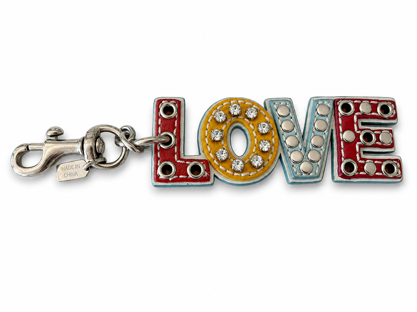 Pre-Loved Coach Multi-Color Leather "LOVE" Charm with Rhinestones Grommet Studs Optic C Print on the Back