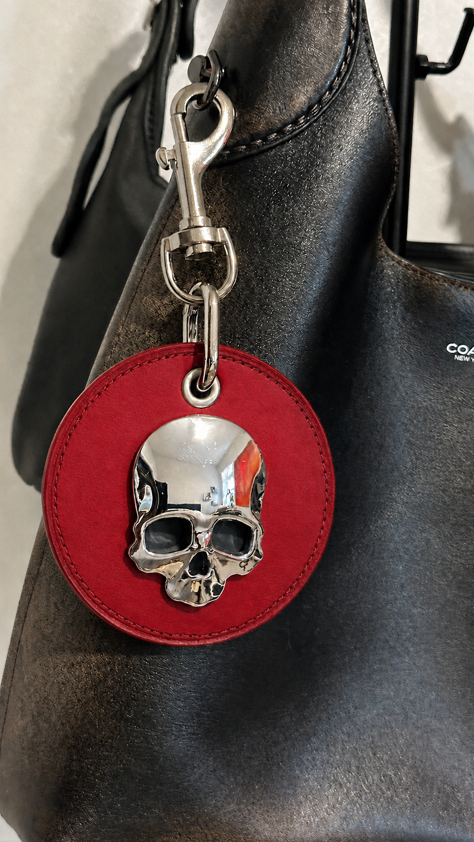Repurposed Coach Coaster Bag Charm Red Leather with Chrome Skull
